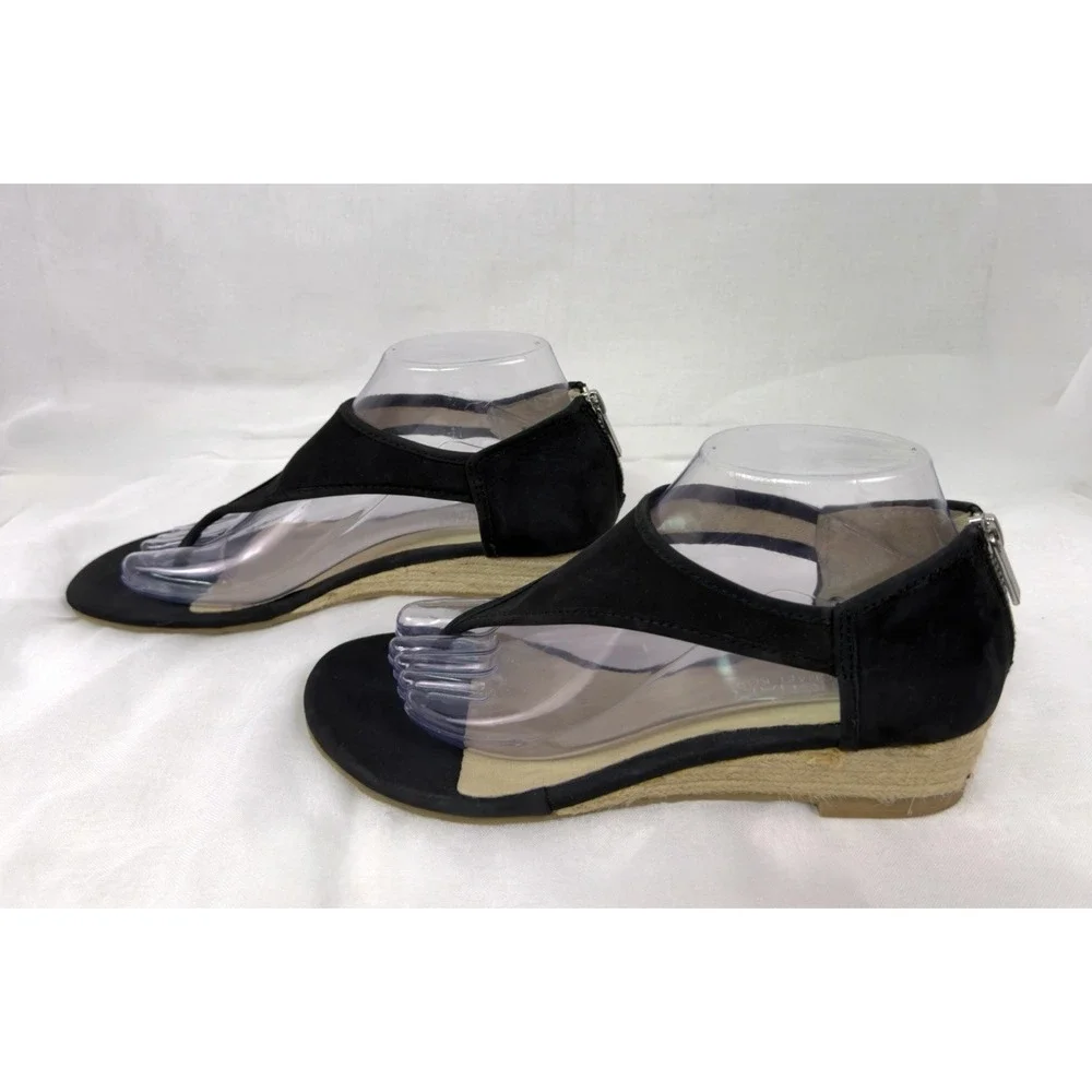 Michael Kors Black Leather T Strap Espadrille Wedge Sandals Womens Size‎ 7.5M